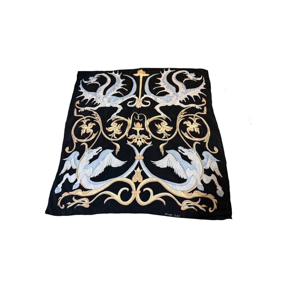 Winter Silks Pegasus & Dragon Print Scarf Black Square Scarf Mythical Motif